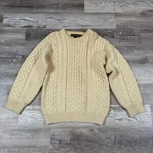 Vtg Inis Crafts Cream Wool Cable Knit Fisherman Sweater Made in Ireland Medium